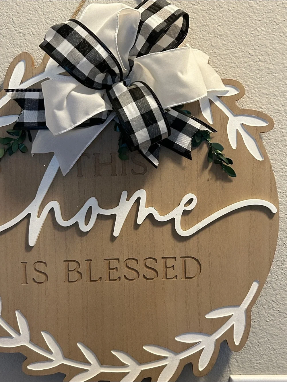 'This Home Is Blessed' Wood Wall Sign with Black Buffalo Check Bow